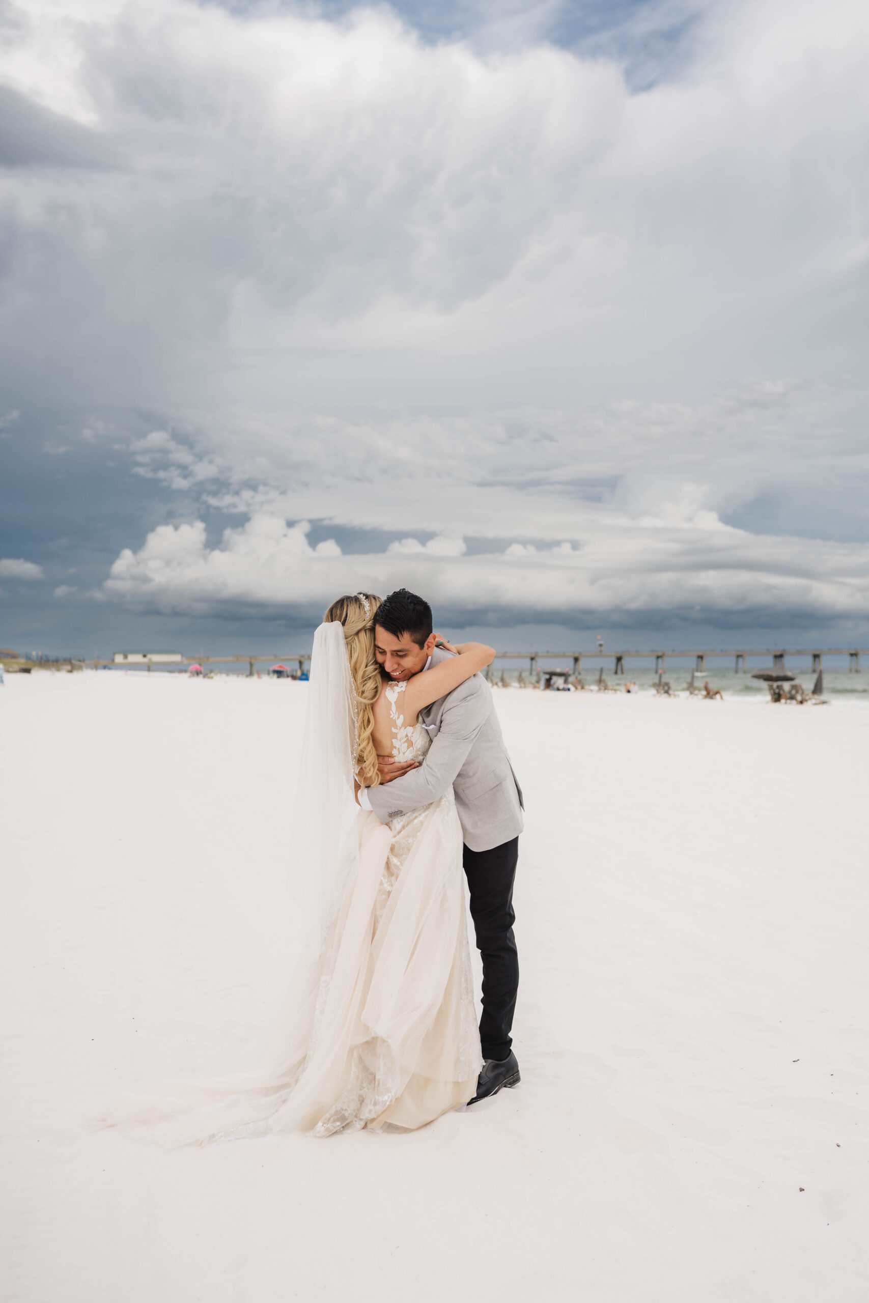beach wedding embrace